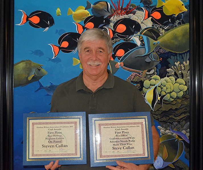 Award-winning author Steven T. Callan with his 2015 "Best Outdoor Magazine Column" and "Best Conference-Related Work" awards from the Outdoor Writers Association of California