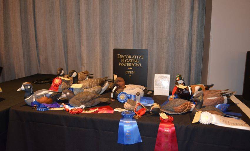Carvings on display during the Pacific Flyway Decoy Association Wildfowl Classic, July 12-13, 2025, at the DoubleTree Hotel, Sacramento, California